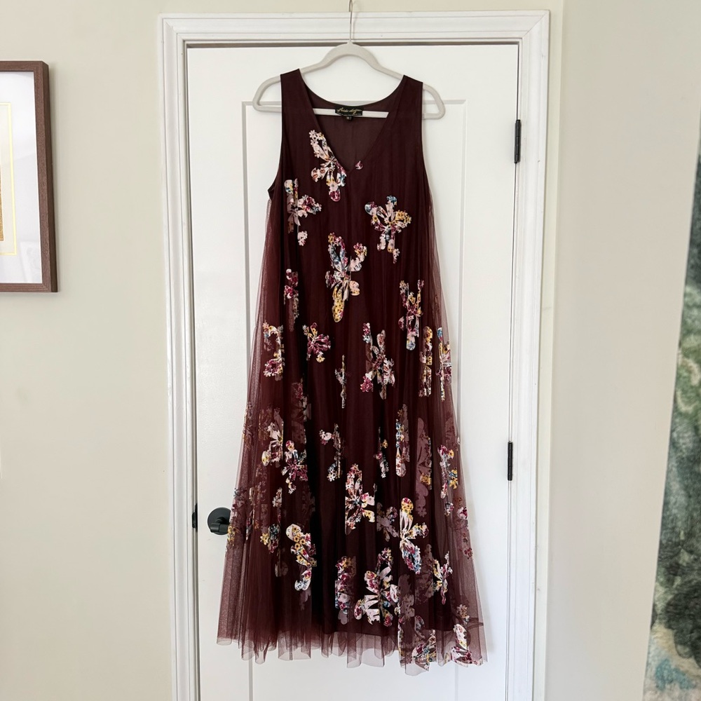 Anthropologie Tulle Burgundy Floral Dress